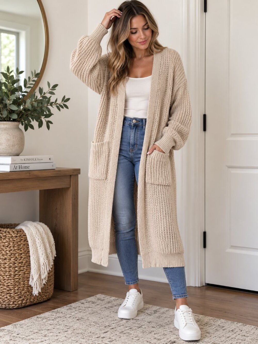Oatmeal Chunky Knit Long Cardigan Oversized Balloon Sleeve Sweater M